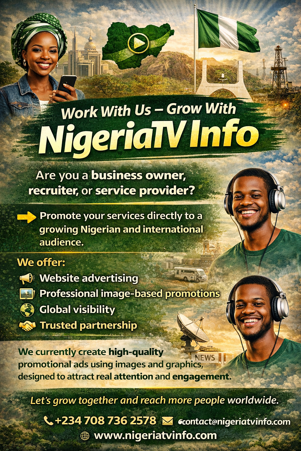 NigeriaTV Info advertising poster connecting Nigerian businesses to global opportunities