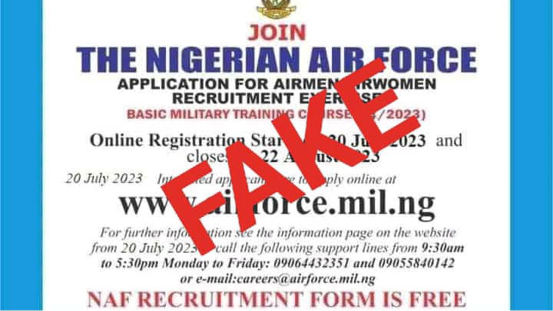 NAF warned Nigerians to avoid scams as fake recruitment advertisements began circulating onli